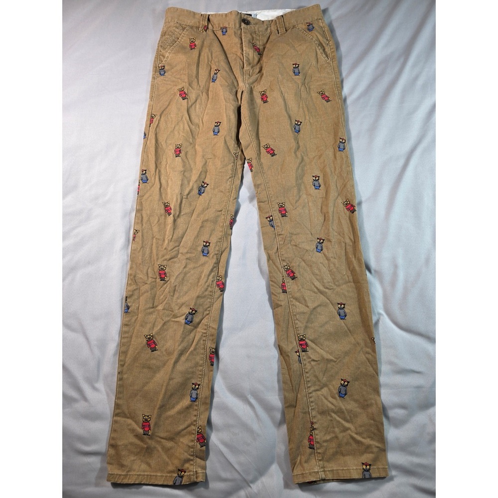 Hawkins McGill Skinny Chino Pants Men 32x32 Tan Owl Motif Trousers Preppy Casual